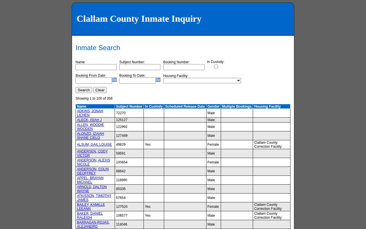 Clallam County official roster search for booking records